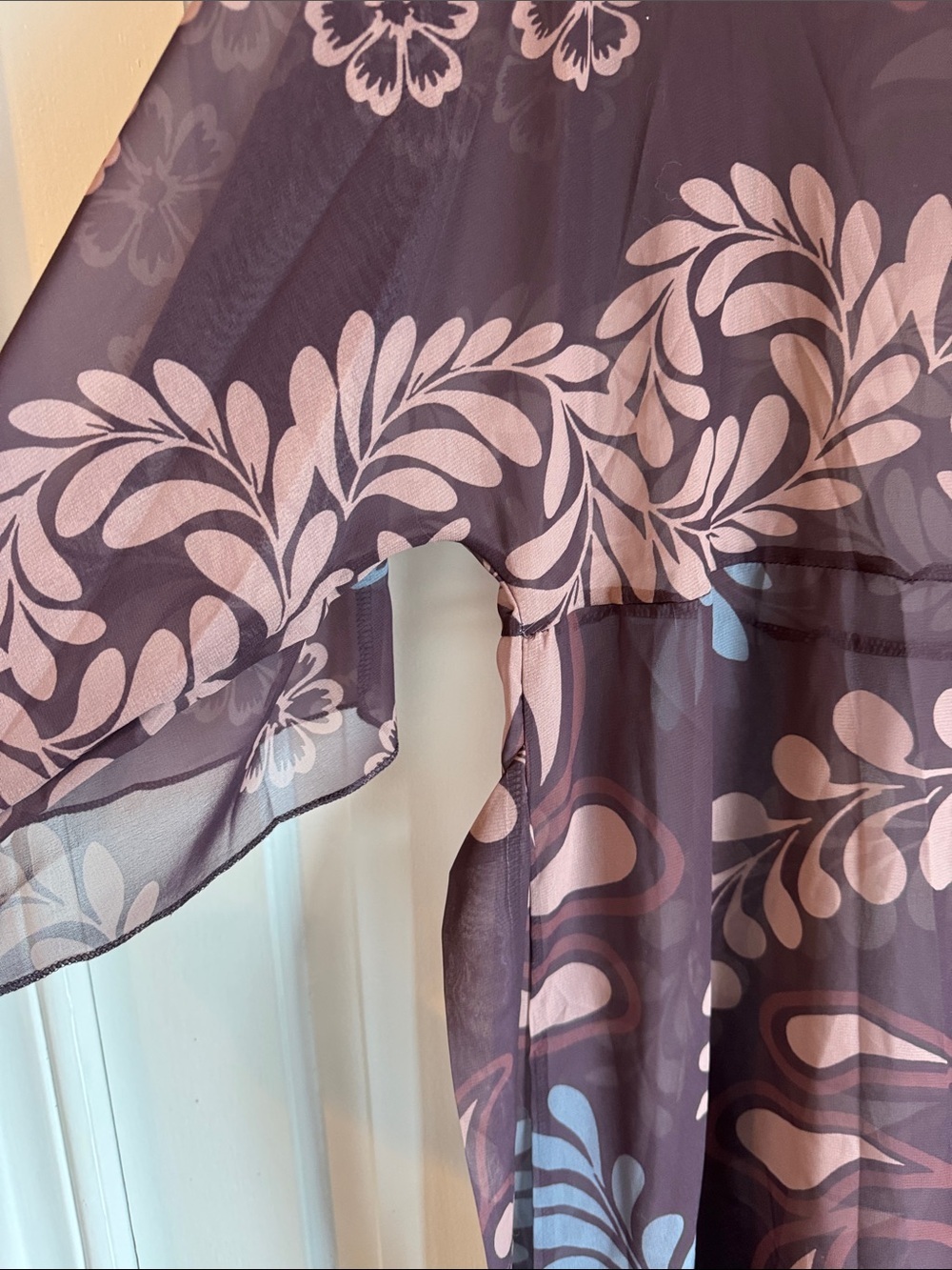 Women’s Semi Sheer Floral V-Neck Beach Coverup Dress - Taupe & Dusty Blue Belt - Picture 9 of 13